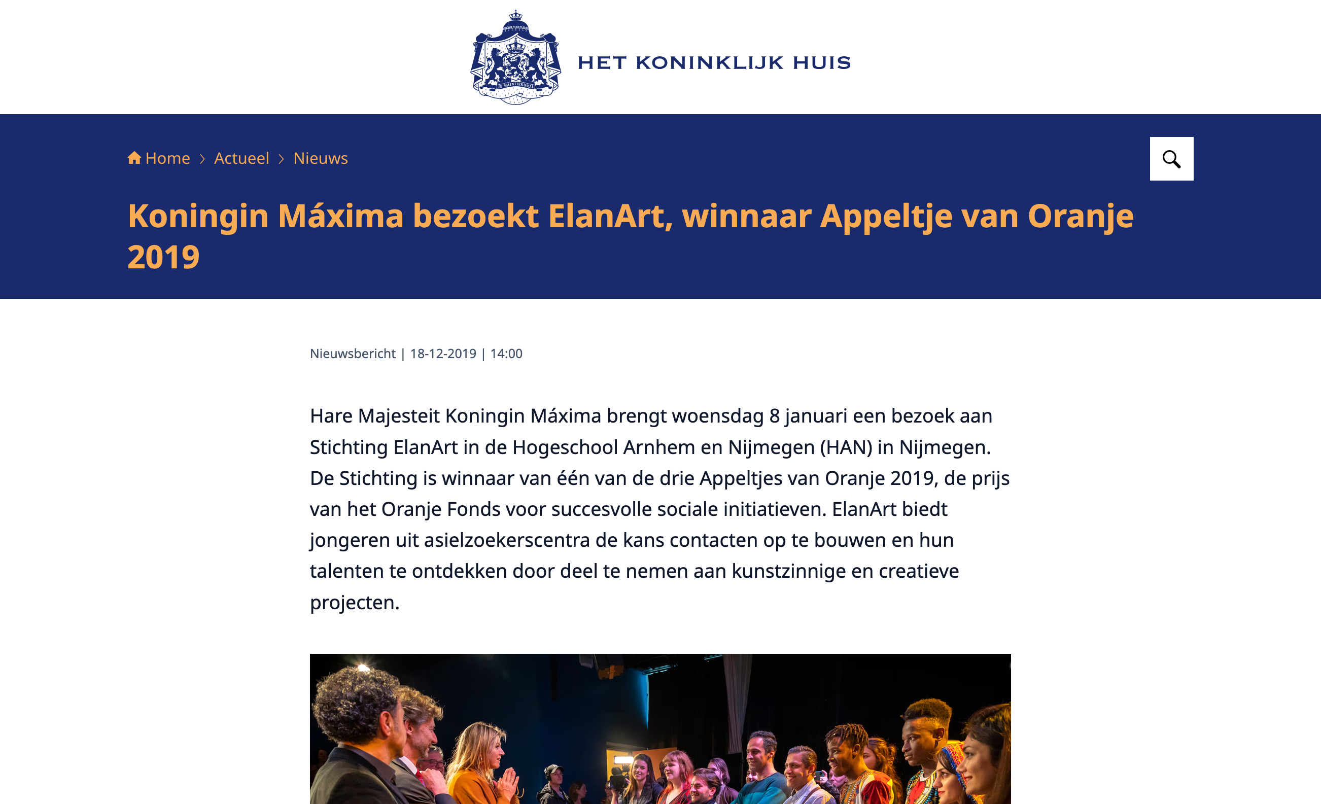 Website Koninklijkhuis over Appeltje van Oranje 2019 voor ElanArt