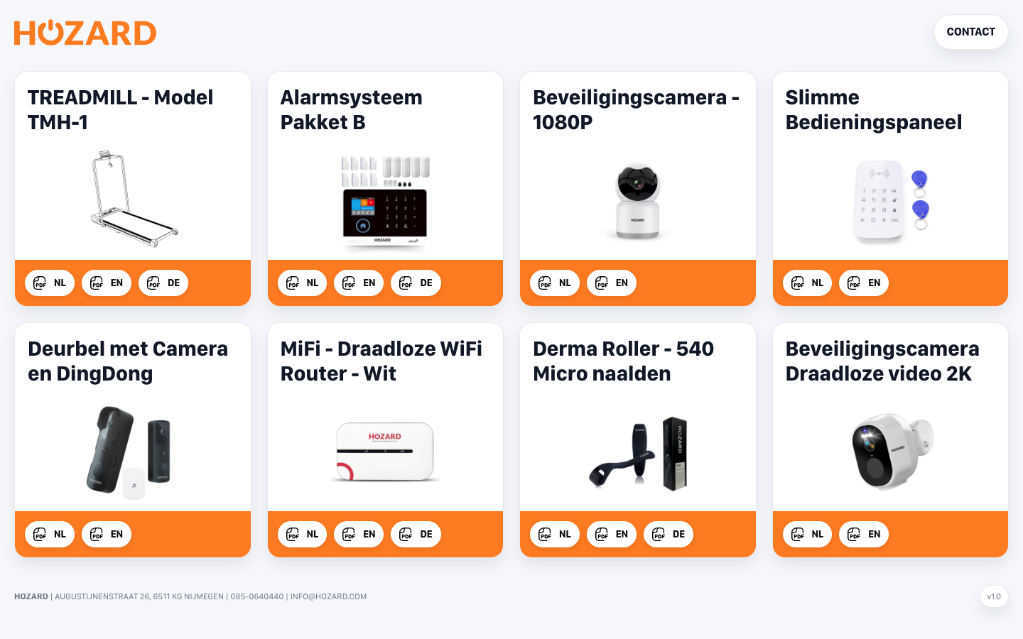 Hozard handleidingen-platform (manual.hozard.com) met per-product PDF-downloads in drie talen
