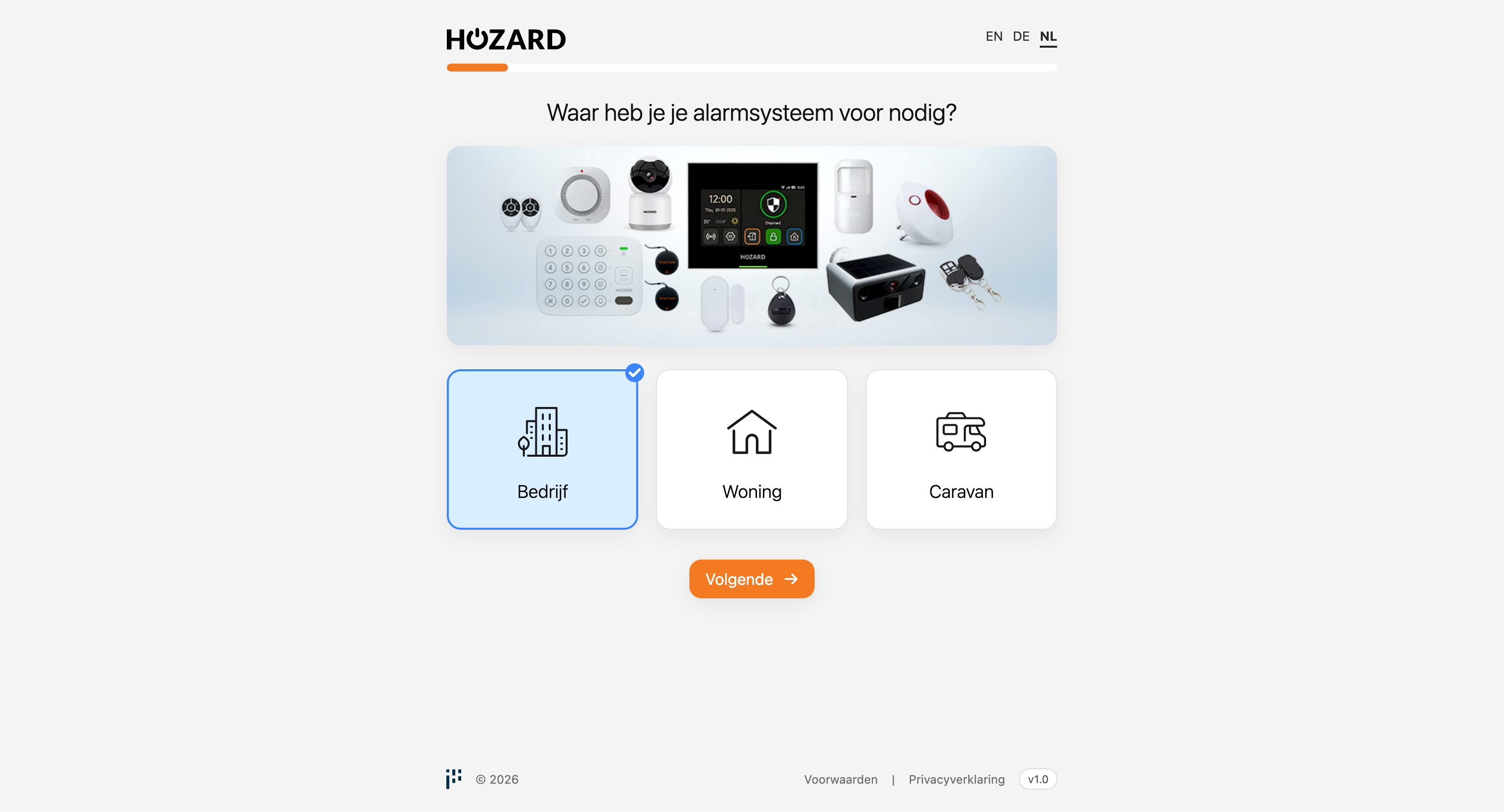 Hozard webapplicatie – landingspagina (app.hozard.com/nl) met onboarding naar offerte en productkeuze